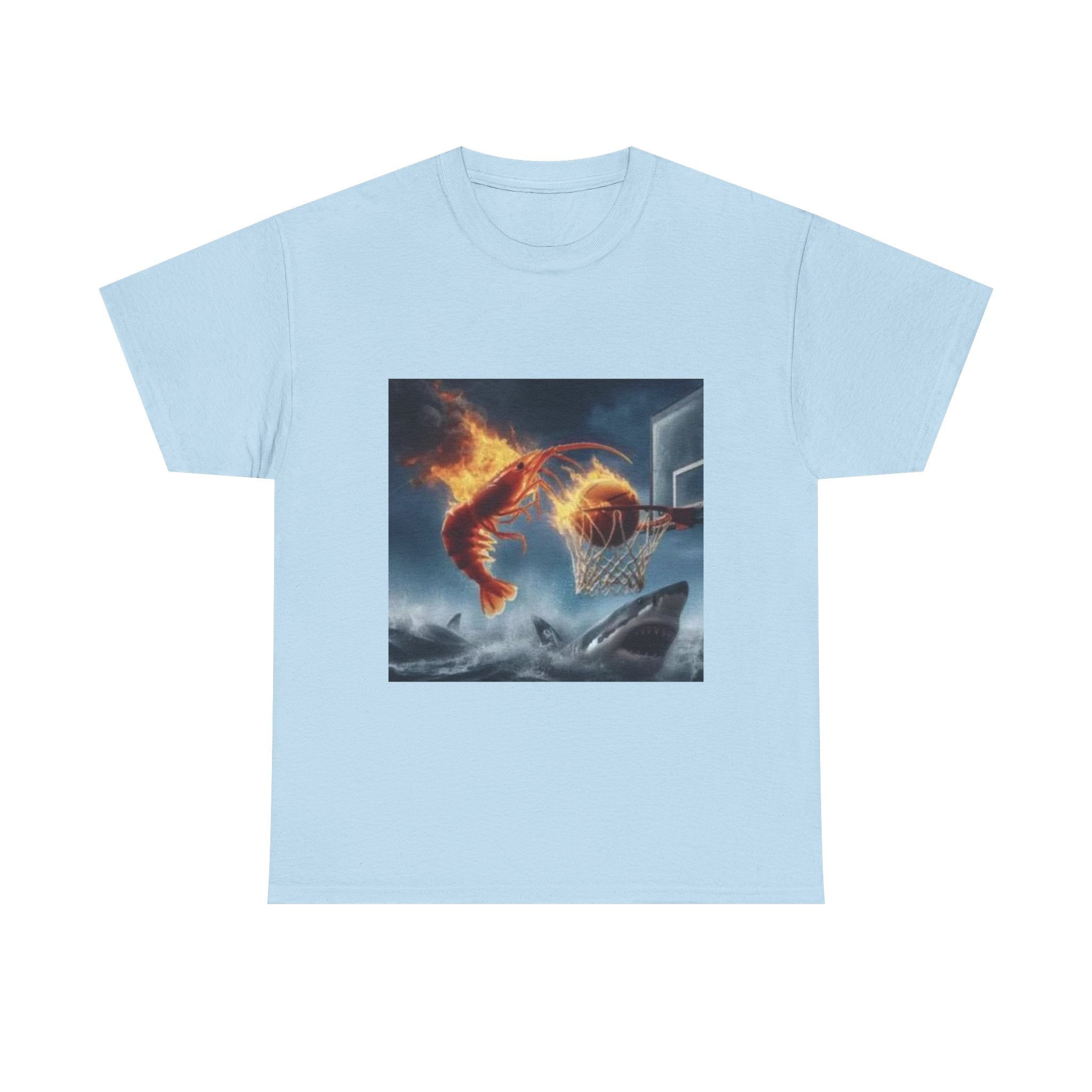Flaming Shrimp Dunking On Shark T-Shirt - Funny Ocean Basketball Meme Tee - Unhinged Seafood Graphic Shirt
