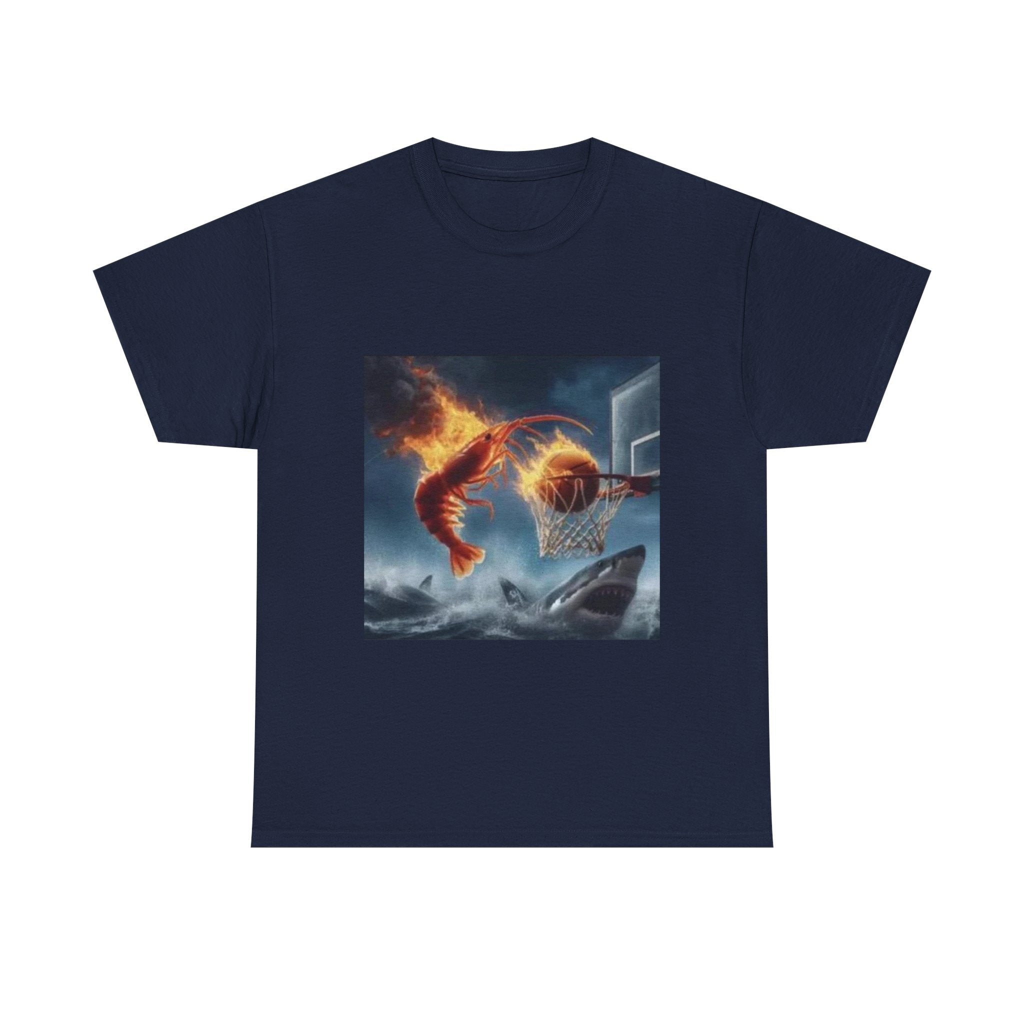 Flaming Shrimp Dunking On Shark T-Shirt - Funny Ocean Basketball Meme Tee - Unhinged Seafood Graphic Shirt