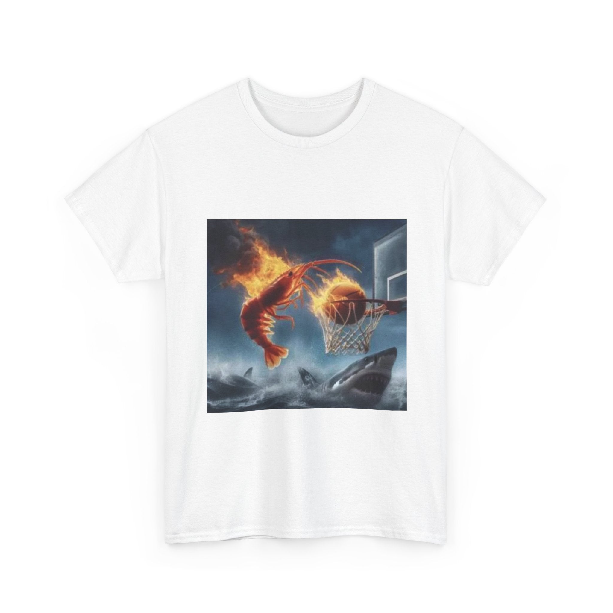 Flaming Shrimp Dunking On Shark T-Shirt - Funny Ocean Basketball Meme Tee - Unhinged Seafood Graphic Shirt