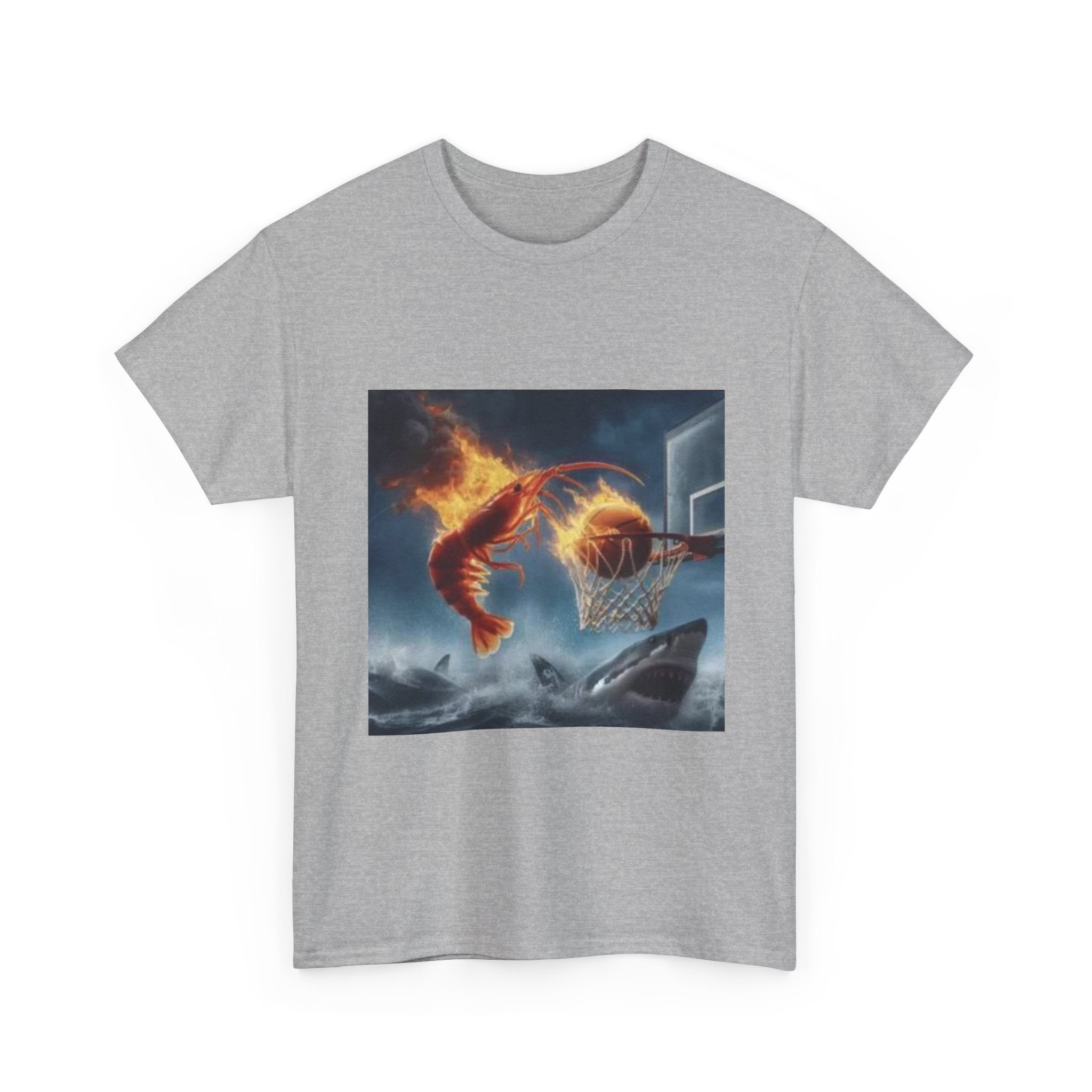 Flaming Shrimp Dunking On Shark T-Shirt - Funny Ocean Basketball Meme Tee - Unhinged Seafood Graphic Shirt