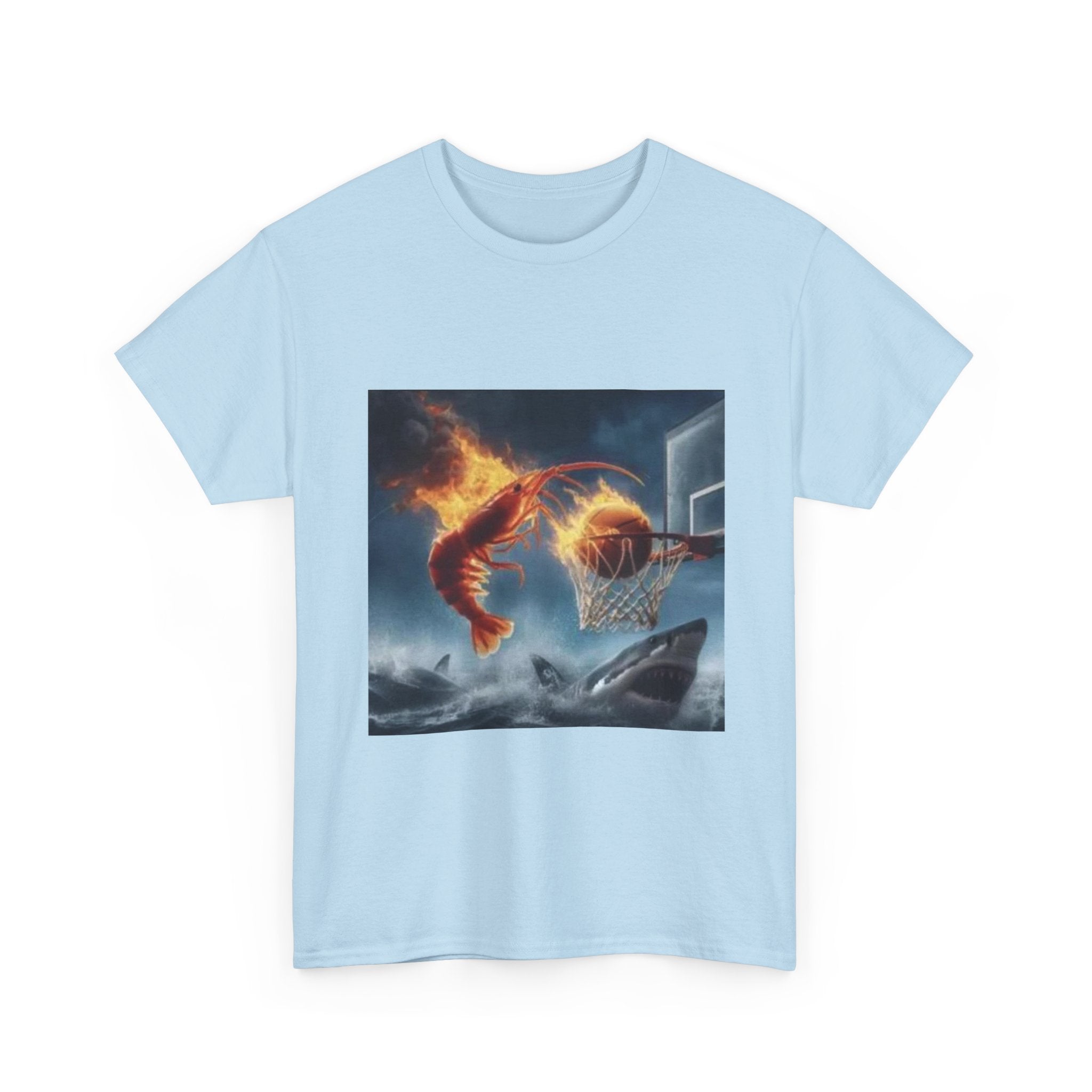 Flaming Shrimp Dunking On Shark T-Shirt - Funny Ocean Basketball Meme Tee - Unhinged Seafood Graphic Shirt
