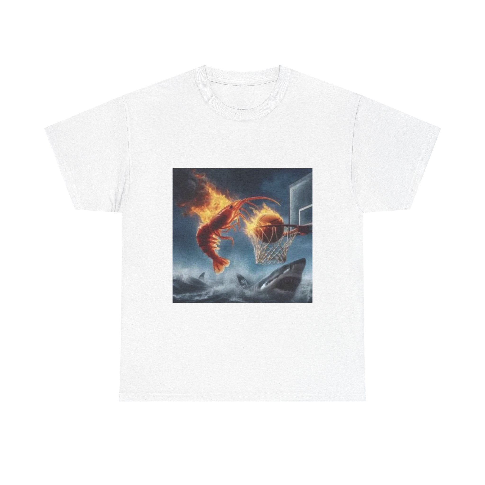 Flaming Shrimp Dunking On Shark T-Shirt - Funny Ocean Basketball Meme Tee - Unhinged Seafood Graphic Shirt