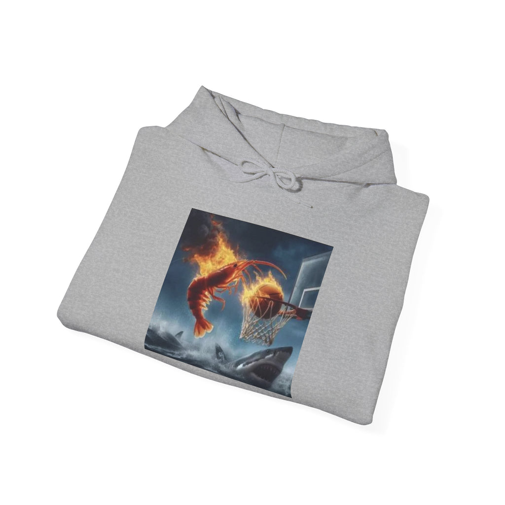 Shrimp Dunking On Shark Hoodie – Funny Flaming Shrimp Meme Hoodie