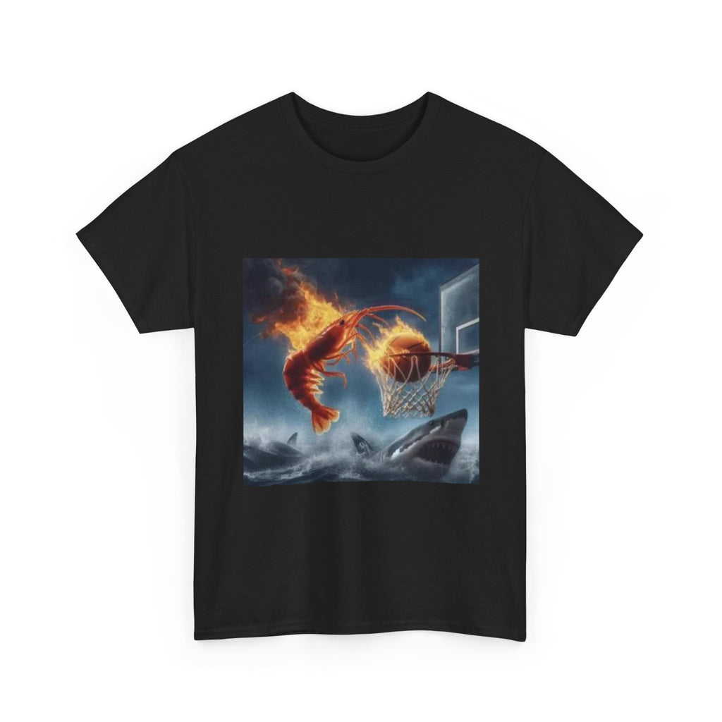 Flaming Shrimp Dunking On Shark T-Shirt - Funny Ocean Basketball Meme Tee - Unhinged Seafood Graphic Shirt