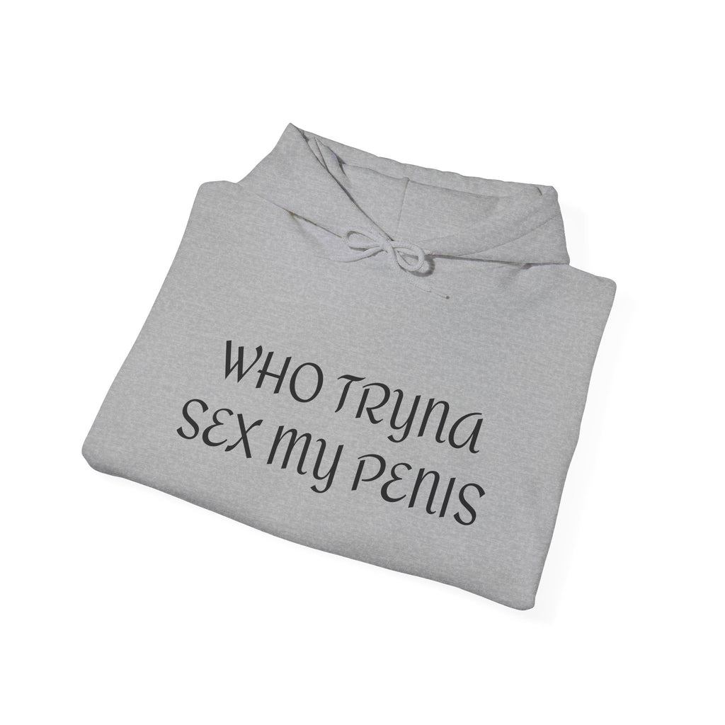 WHO TRYNA SEX MY PENIS Hoodie – White Funny Meme Statement Hoodie