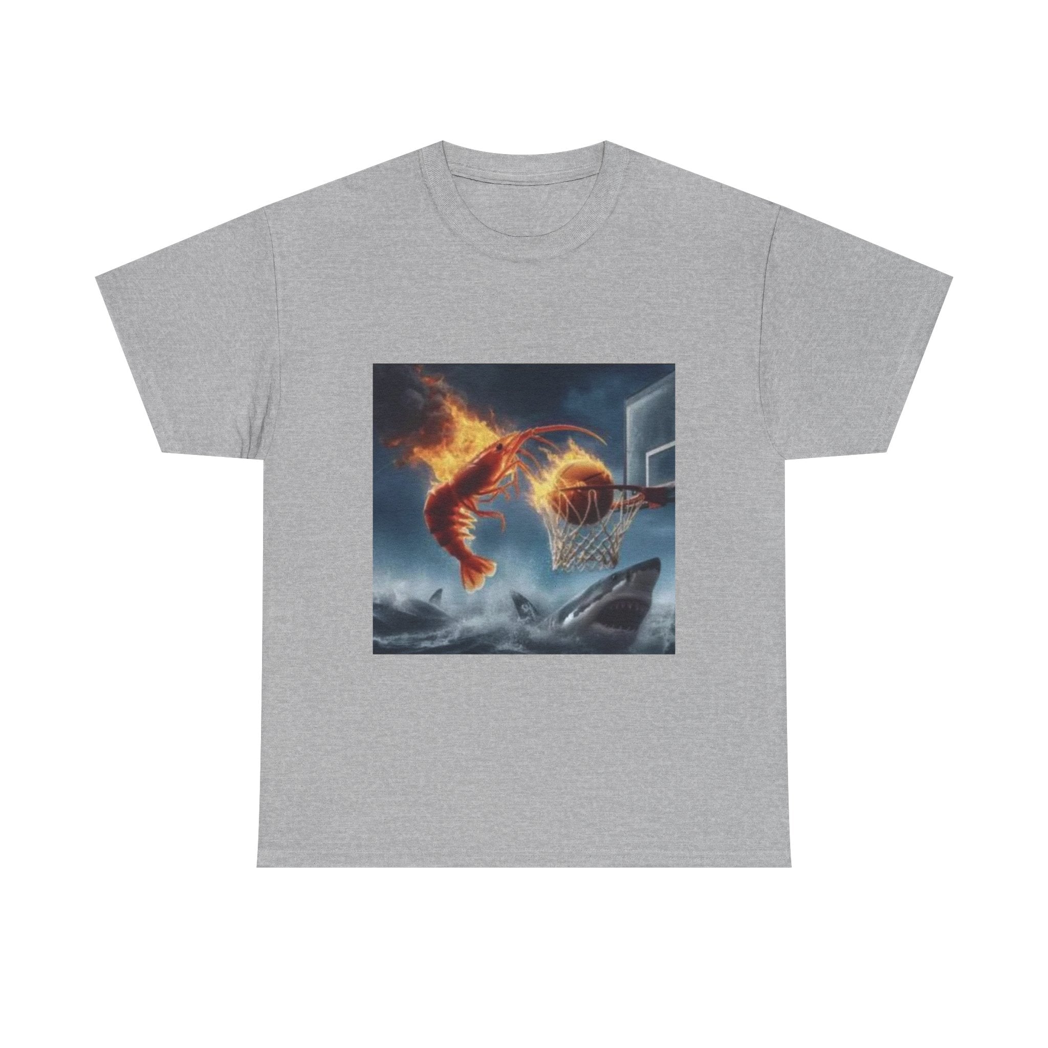 Flaming Shrimp Dunking On Shark T-Shirt - Funny Ocean Basketball Meme Tee - Unhinged Seafood Graphic Shirt