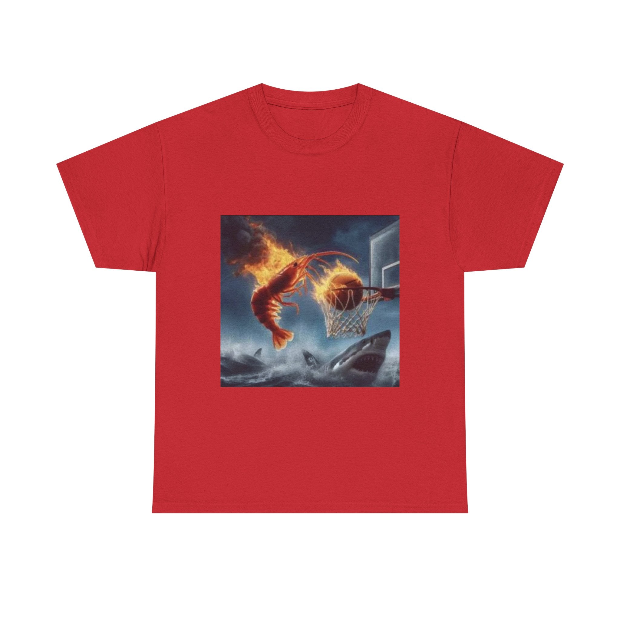 Flaming Shrimp Dunking On Shark T-Shirt - Funny Ocean Basketball Meme Tee - Unhinged Seafood Graphic Shirt